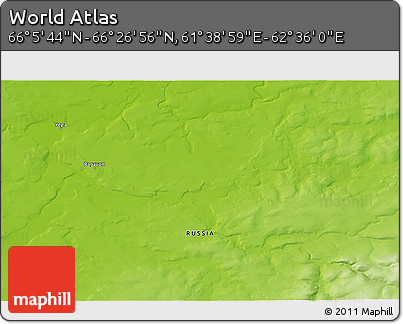 Physical 3D Map of the Area around 66° 16' 20" N, 62° 7' 30" E