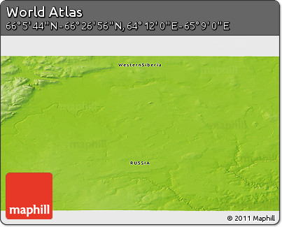 Physical 3D Map of the Area around 66° 16' 20" N, 64° 40' 30" E