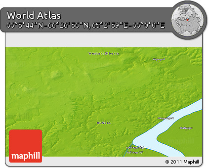 Physical 3D Map of the Area around 66° 16' 20" N, 65° 31' 30" E
