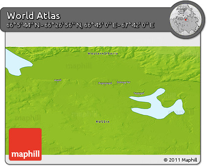 Physical 3D Map of the Area around 66° 16' 20" N, 67° 13' 29" E