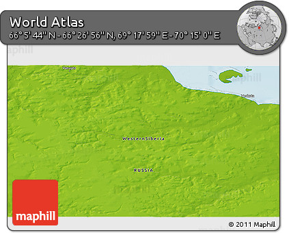 Physical 3D Map of the Area around 66° 16' 20" N, 69° 46' 30" E