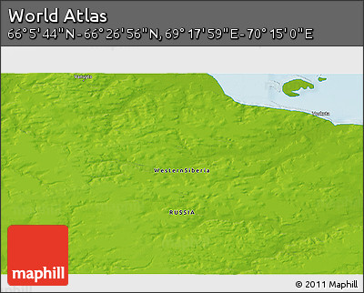 Physical 3D Map of the Area around 66° 16' 20" N, 69° 46' 30" E