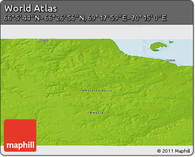 Physical 3D Map of the Area around 66° 16' 20" N, 69° 46' 30" E