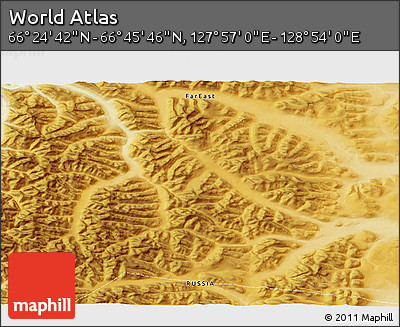 Physical 3D Map of the Area around 66° 35' 14" N, 128° 25' 30" E