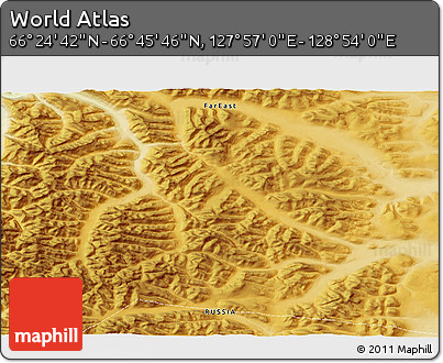 Physical 3D Map of the Area around 66° 35' 14" N, 128° 25' 30" E