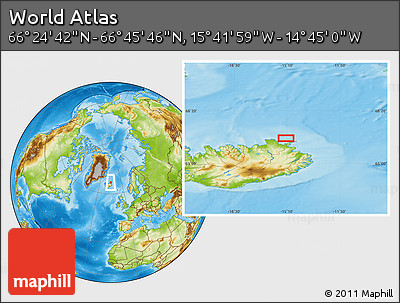 Physical Location Map of the Area around 66° 35' 14" N, 15° 13' 29" W