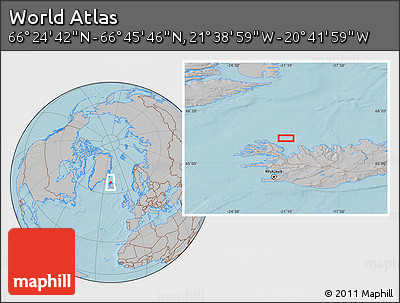 Gray Location Map of the Area around 66° 35' 14" N, 21° 10' 29" W, hill shading