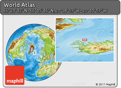 Physical Location Map of the Area around 66° 35' 14" N, 21° 10' 29" W