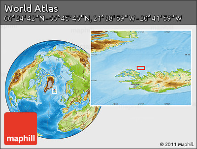 Physical Location Map of the Area around 66° 35' 14" N, 21° 10' 29" W
