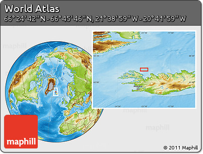 Physical Location Map of the Area around 66° 35' 14" N, 21° 10' 29" W