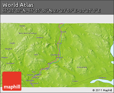 Physical 3D Map of the Area around 66° 35' 14" N, 23° 52' 30" E