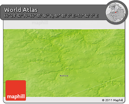 Physical 3D Map of the Area around 66° 35' 14" N, 50° 13' 30" E