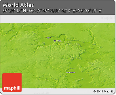 Physical 3D Map of the Area around 66° 35' 14" N, 56° 10' 29" E
