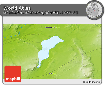 Physical 3D Map of the Area around 66° 35' 14" N, 88° 28' 29" E