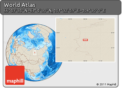 Shaded Relief Location Map of the Area around 66° 54' 2" N, 108° 1' 30" E