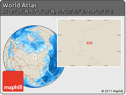 Shaded Relief Location Map of the Area around 66° 54' 2" N, 108° 1' 30" E