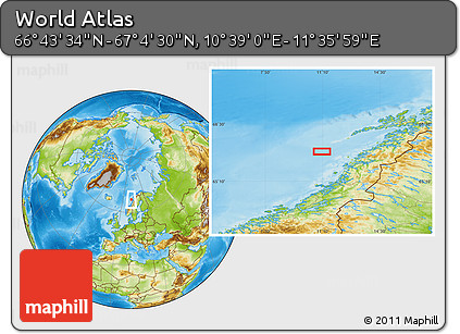 Physical Location Map of the Area around 66° 54' 2" N, 11° 7' 30" E