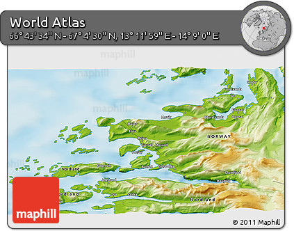 Physical 3D Map of the Area around 66° 54' 2" N, 13° 40' 30" E