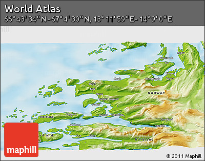 Physical 3D Map of the Area around 66° 54' 2" N, 13° 40' 30" E