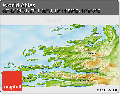 Physical 3D Map of the Area around 66° 54' 2" N, 13° 40' 30" E