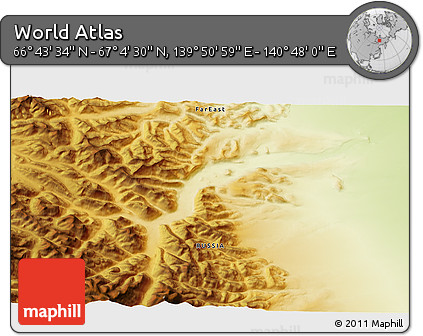 Physical 3D Map of the Area around 66° 54' 2" N, 140° 19' 29" E