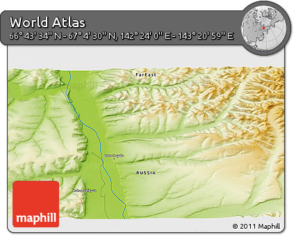 Physical 3D Map of the Area around 66° 54' 2" N, 142° 52' 30" E
