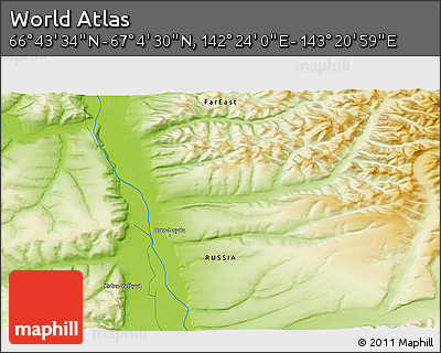 Physical 3D Map of the Area around 66° 54' 2" N, 142° 52' 30" E