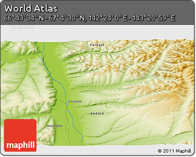 Physical 3D Map of the Area around 66° 54' 2" N, 142° 52' 30" E