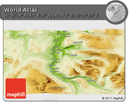 Physical 3D Map of the Area around 66° 54' 2" N, 15° 22' 30" E