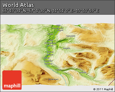 Physical 3D Map of the Area around 66° 54' 2" N, 15° 22' 30" E