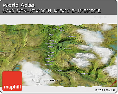 Satellite 3D Map of the Area around 66° 54' 2" N, 15° 22' 30" E
