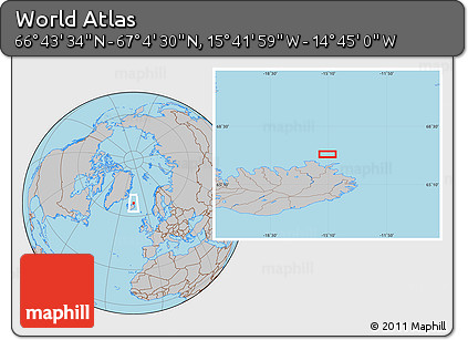 Gray Location Map of the Area around 66° 54' 2" N, 15° 13' 29" W