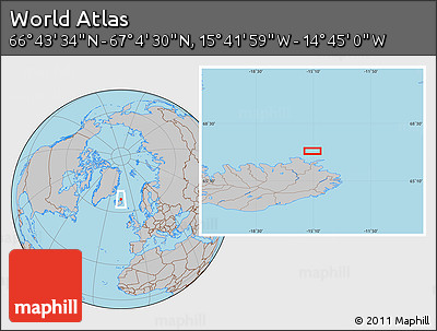 Gray Location Map of the Area around 66° 54' 2" N, 15° 13' 29" W