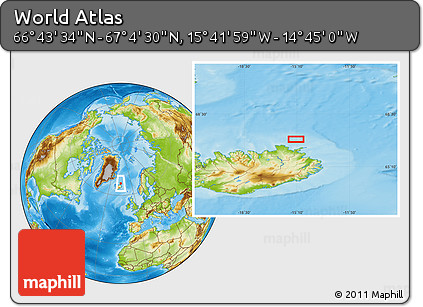 Physical Location Map of the Area around 66° 54' 2" N, 15° 13' 29" W
