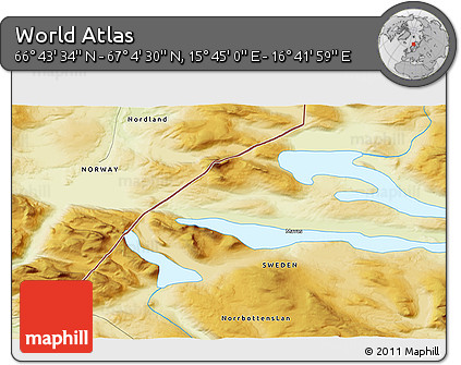 Physical 3D Map of the Area around 66° 54' 2" N, 16° 13' 30" E