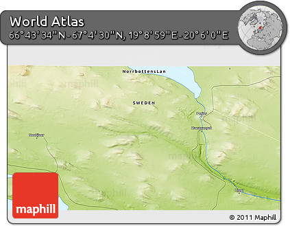 Physical 3D Map of the Area around 66° 54' 2" N, 19° 37' 30" E