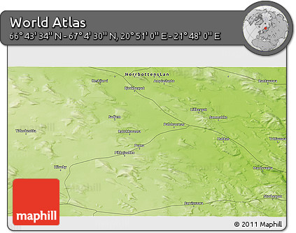 Physical 3D Map of the Area around 66° 54' 2" N, 21° 19' 30" E