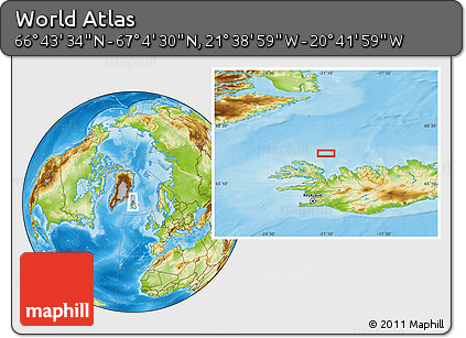 Physical Location Map of the Area around 66° 54' 2" N, 21° 10' 29" W
