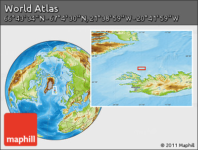 Physical Location Map of the Area around 66° 54' 2" N, 21° 10' 29" W