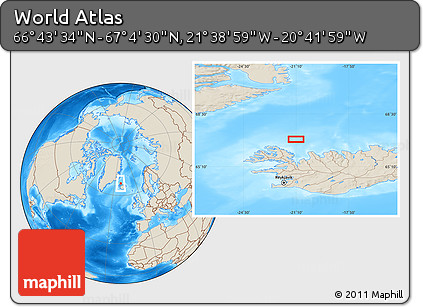 Shaded Relief Location Map of the Area around 66° 54' 2" N, 21° 10' 29" W