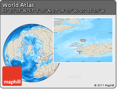 Shaded Relief Location Map of the Area around 66° 54' 2" N, 21° 10' 29" W