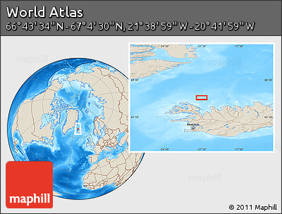 Shaded Relief Location Map of the Area around 66° 54' 2" N, 21° 10' 29" W