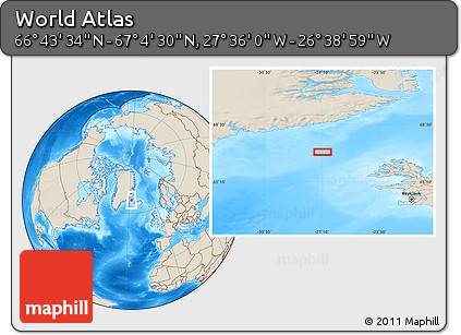 Shaded Relief Location Map of the Area around 66° 54' 2" N, 27° 7' 30" W