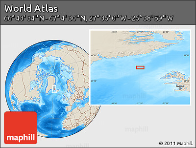 Shaded Relief Location Map of the Area around 66° 54' 2" N, 27° 7' 30" W