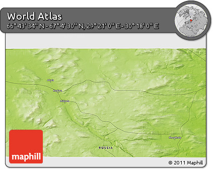 Physical 3D Map of the Area around 66° 54' 2" N, 29° 49' 30" E