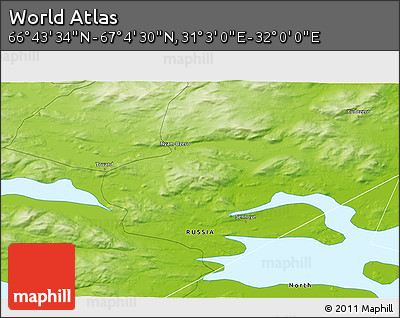 Physical 3D Map of the Area around 66° 54' 2" N, 31° 31' 29" E