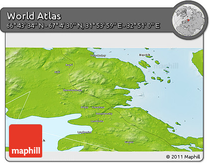 Physical 3D Map of the Area around 66° 54' 2" N, 32° 22' 30" E