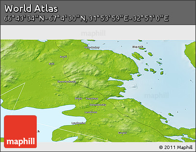 Physical 3D Map of the Area around 66° 54' 2" N, 32° 22' 30" E
