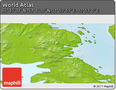 Physical 3D Map of the Area around 66° 54' 2" N, 32° 22' 30" E