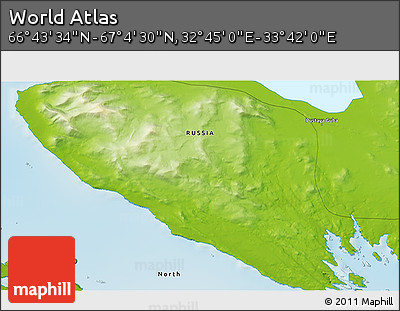 Physical 3D Map of the Area around 66° 54' 2" N, 33° 13' 30" E